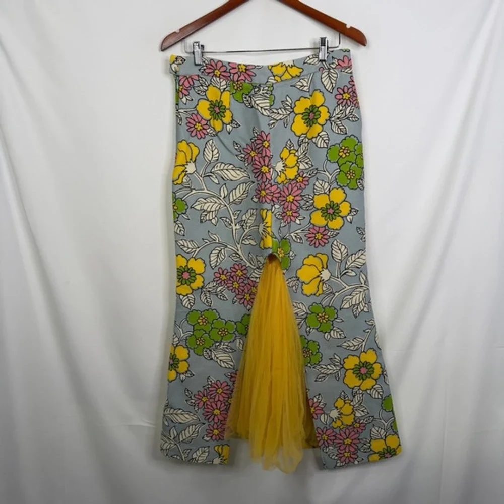 Tory Burch Upcycled Floral Maxi Skirt with Yellow Tulle Godet Slit Size 4